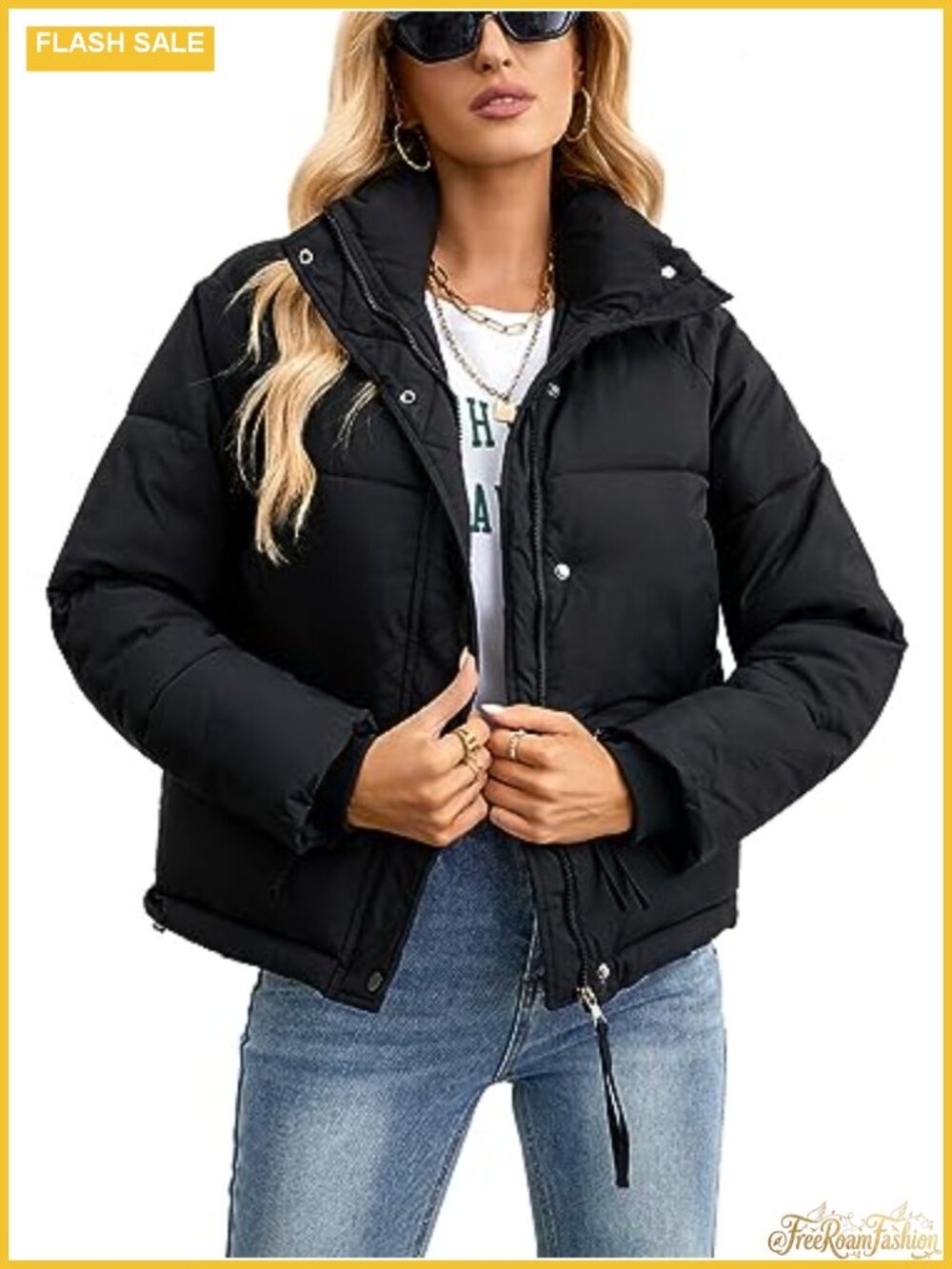 Womens Cropped Puffer Jacket Full Zip Quilted Warm Winter Coat with Pockets